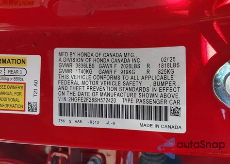 2025 Honda Civic Lx z USA, uszkodzony, nr VIN 2HGFE2F28SH572420